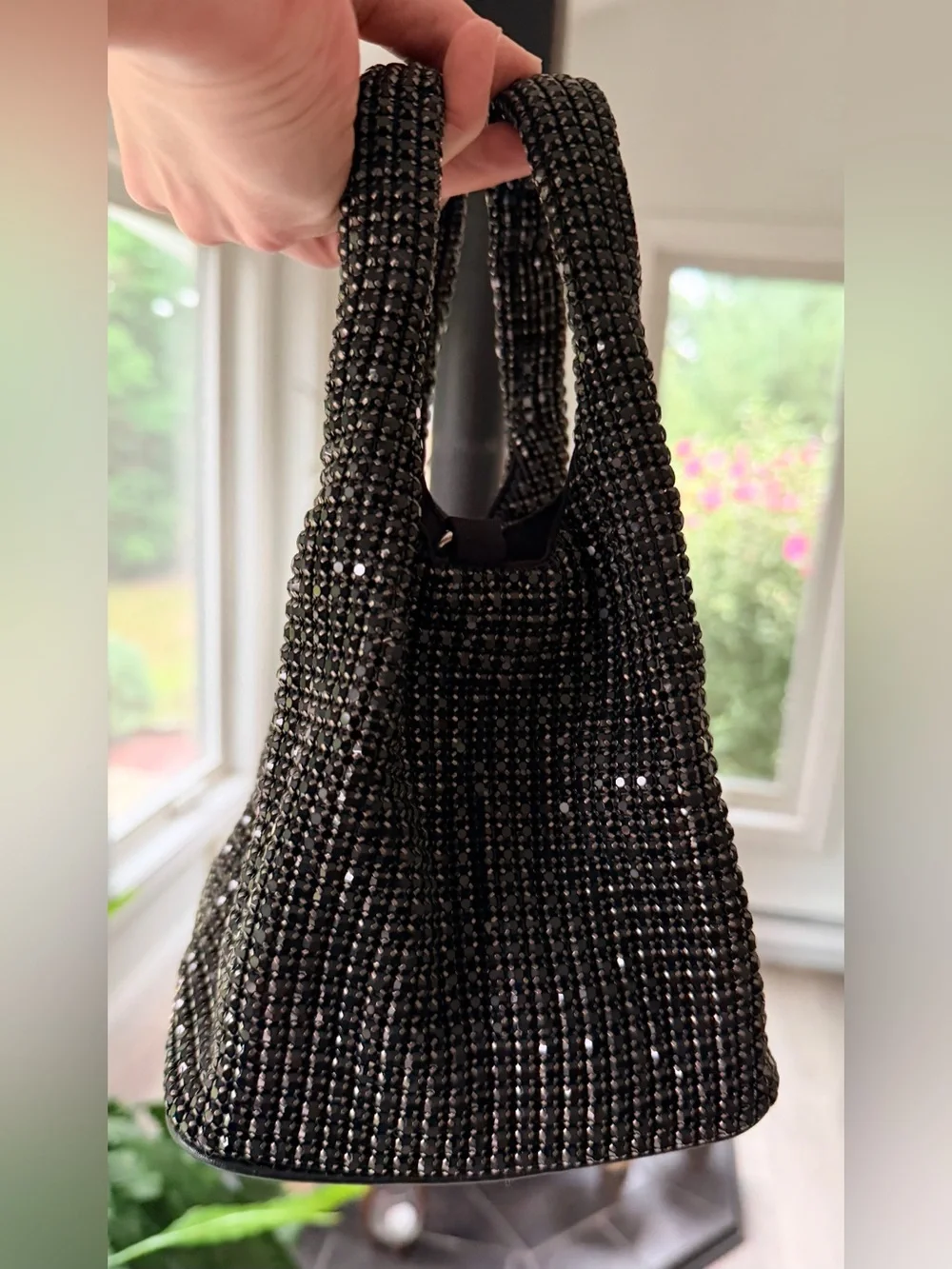 NEW w TAGs GIARITÉ Brilly Black Crystal Bucket Bag w Silver Tone Crossbody Strap